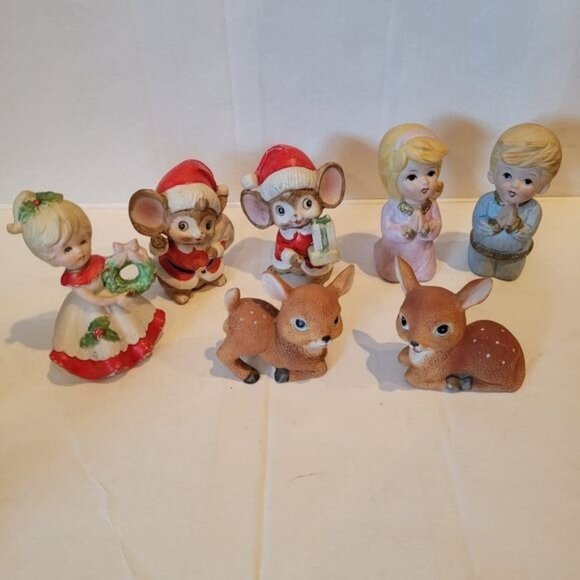 Vintage ChristmasHomco Ceramic Boy Girl Fawn Deer Mice mid century modern
